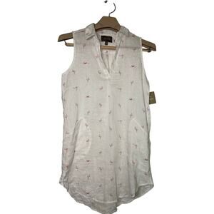 Forcynthia Beachwear 100% Linen Sleeveless cover up White Pink Flamingo SMALL